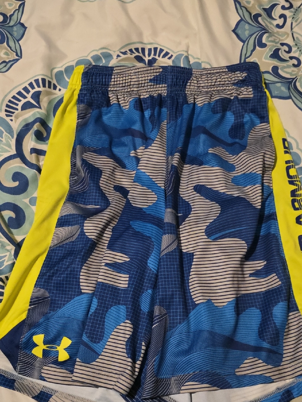 Under Armour Blue Camo Shorts with Neon Yellow Panels